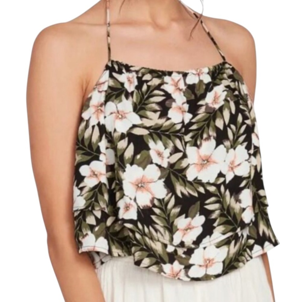 New VOLCOM SURF WEAR Coco Halter Cami Tank Cropped Top BLACK/MULTI FLORAL sz XS